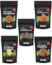 Load image into Gallery viewer, Green Sun Low Carb Snacks Hamper | 5 Healthy Keto Snacks | Low Carb Almond Cookies | Jeera Cookie| Chocolate | Tidbits | Crispies | Sugar Free | Weightloss | Super foods | Handy Munchies | Travel Pack
