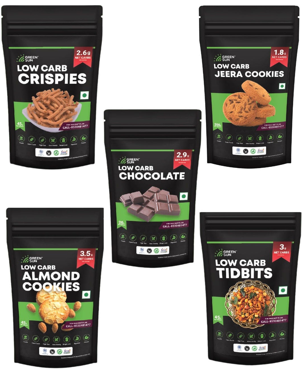 Green Sun Low Carb Snacks Hamper | 5 Healthy Keto Snacks | Low Carb Almond Cookies | Jeera Cookie| Chocolate | Tidbits | Crispies | Sugar Free | Weightloss | Super foods | Handy Munchies | Travel Pack